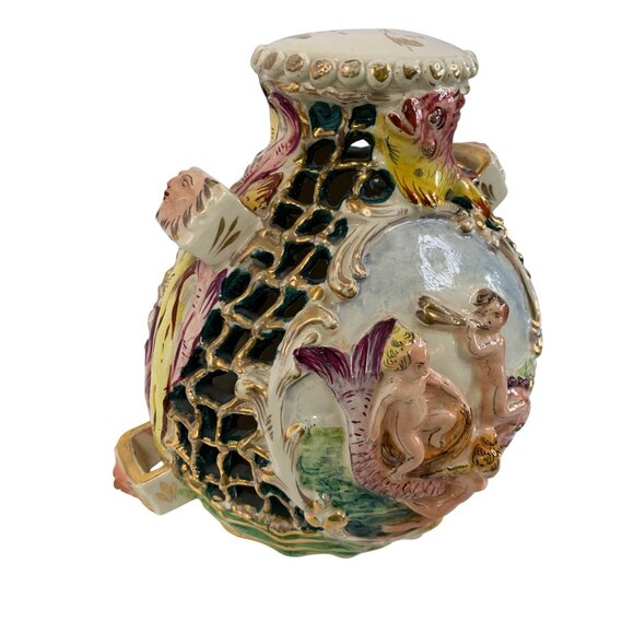VTG Italian Ceramic Capodemonte Vase / Lamp Base Gold Cherub 8780 Hand Paint - Picture 10 of 12